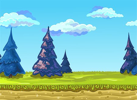 firin (artist) - Seamless Landscape with a green meadow, fir-trees and mountains.. Vector illustration, possible to use for the game, banner, videos or web graphic design, user interface, card, poster. Foto de stock - Super Valor sin royalties y Suscripción, Código: 400-09048162