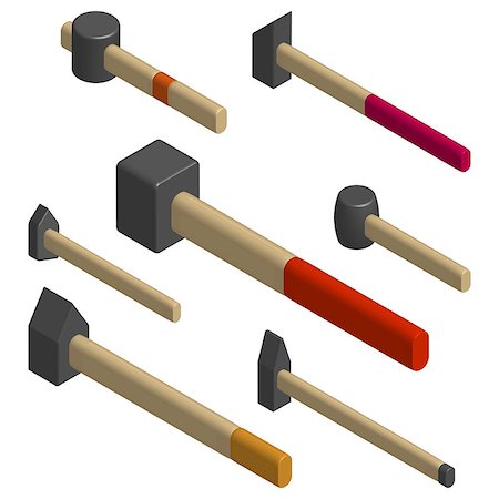 simsearch:400-08531083,k - Set of different hammers isolated on white background. Elements design of the working tool. Flat 3d isometric style, vector illustration. Stock Photo - Budget Royalty-Free & Subscription, Code: 400-09048174