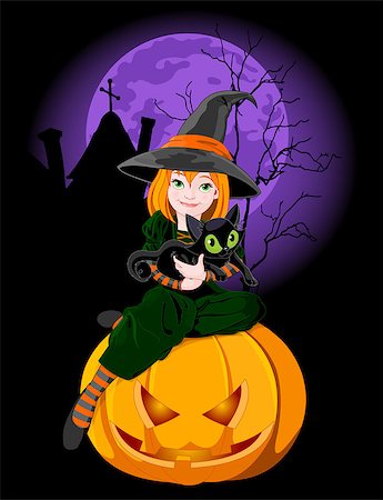 dressing up as a cat for halloween - Halloween which sits on pumpkin and holds black cat Stock Photo - Budget Royalty-Free & Subscription, Code: 400-09048209