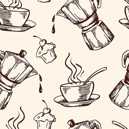 dessert menu wallpaper - Vintage vector coffee seamless pattern with cup and coffee pot. Hand drawn illustration. Stock Photo - Budget Royalty-Free & Subscription, Code: 400-09048246
