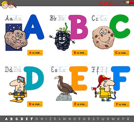 Cartoon Illustration of Capital Letters Alphabet Educational Set for Reading and Writing Learning for Children from A to F Stock Photo - Budget Royalty-Free & Subscription, Code: 400-09048264