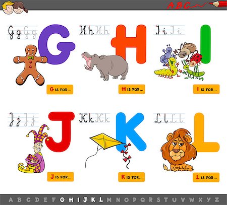 Cartoon Illustration of Capital Letters Alphabet Educational Set for Reading and Writing Learning for Children from G to L Stock Photo - Budget Royalty-Free & Subscription, Code: 400-09048265