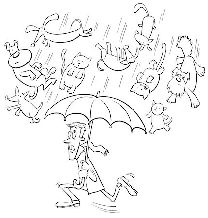 simsearch:400-07410472,k - Black and White Cartoon Humorous Concept Illustration of Raining Cats and Dogs Saying or Proverb Stock Photo - Budget Royalty-Free & Subscription, Code: 400-09048285