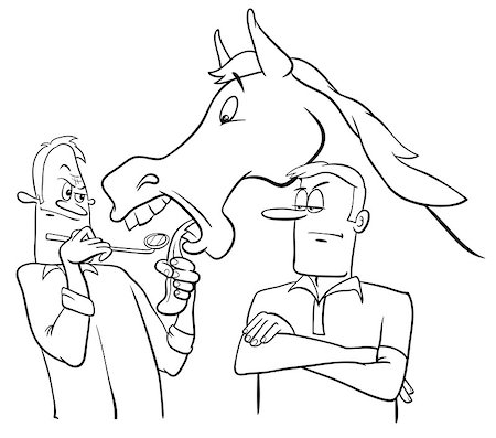 simsearch:400-07410472,k - Black and White Cartoon Humorous Concept Illustration of Looking a Gift Horse in the Mouth Saying or Proverb Stock Photo - Budget Royalty-Free & Subscription, Code: 400-09048283