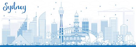 simsearch:400-09050764,k - Outline Sydney Australia Skyline with Blue Buildings. Vector Illustration. Business Travel and Tourism Concept with Modern Architecture. Image for Presentation Banner Placard and Web Site. Stock Photo - Budget Royalty-Free & Subscription, Code: 400-09048343