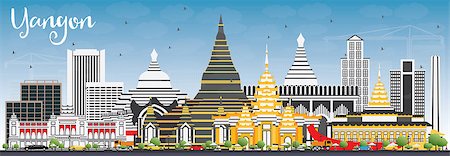 simsearch:400-09051576,k - Yangon Skyline with Gray Buildings and Blue Sky. Vector Illustration. Business Travel and Tourism Concept with Historic Architecture. Image for Presentation Banner Placard and Web Site. Photographie de stock - Aubaine LD & Abonnement, Code: 400-09048354