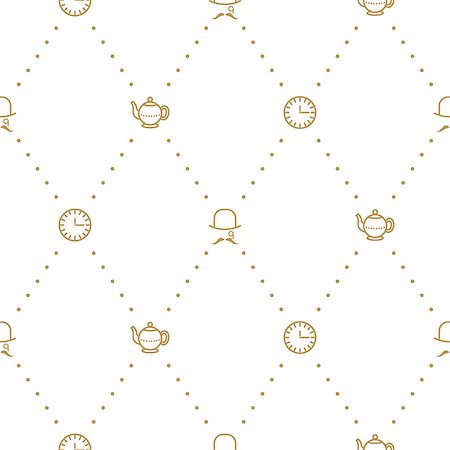 simsearch:400-08788133,k - English tea party elegant gold on white line vector pattern. Dashed lines, teapot, clock and gentleman seamless background. Stock Photo - Budget Royalty-Free & Subscription, Code: 400-09048385