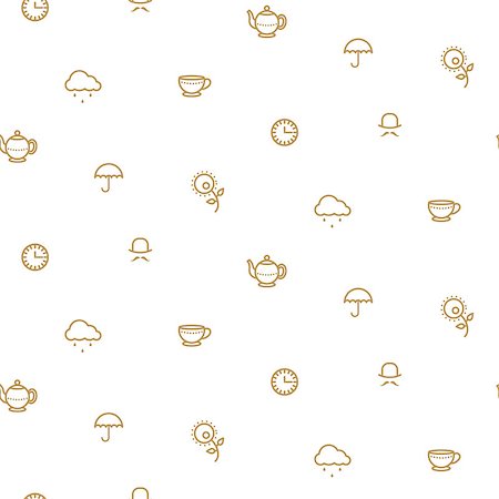 English tea party simple gold on white line icons vector pattern. Teapot, cup, umbrella and clouds seamless background. Stock Photo - Budget Royalty-Free & Subscription, Code: 400-09048386