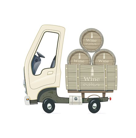 simsearch:400-06553976,k - Small Truck for delivery wine barrel. Lorry with wooden cask. Cartoon auto. Transport. Isolated white background. Vector illustration. Foto de stock - Royalty-Free Super Valor e Assinatura, Número: 400-09048468