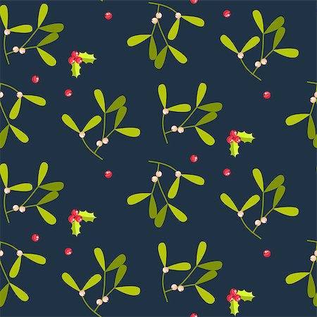 simsearch:400-08814672,k - Mistletoe leaves seamless vector pattern. Christmas decor green plant on blue background. Stock Photo - Budget Royalty-Free & Subscription, Code: 400-09048663