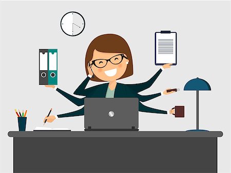 Busy secretary smiling with laptop. Vector illustration Stock Photo - Budget Royalty-Free & Subscription, Code: 400-09048764