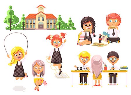 simsearch:400-07049919,k - Stock vector illustration isolated children characters schoolboy schoolgirl pupils apprentices classmates play chess dinner lunch, read book jumping rope school building white background in flat style Fotografie stock - Microstock e Abbonamento, Codice: 400-09048907
