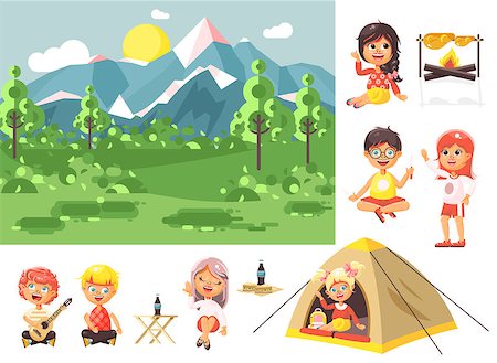 Stock vector illustration isolated cartoon characters children boy sings playing guitar, girl scouts siting in tent waving hand nature park outdoor bonfire, fried chicken, white background flat style Stock Photo - Budget Royalty-Free & Subscription, Code: 400-09048902