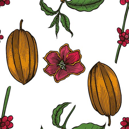 frescomovie (artist) - Vector seamless pattern of cocoa beans and leaves. Hand drawn colored engraved art. design your fashion care products, branding, identity, advertisement, promotion. Stock Photo - Budget Royalty-Free & Subscription, Code: 400-09048957