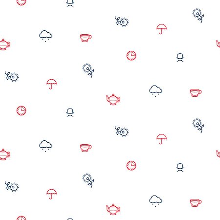 English tea party simple red and blue traditional line icons vector pattern. Teapot, cup, umbrella and clouds seamless background. Stock Photo - Budget Royalty-Free & Subscription, Code: 400-09049040
