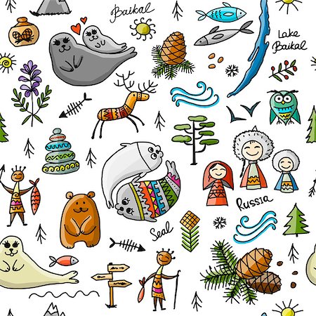 simsearch:400-09049135,k - Travel to Baikal, Russia. Seamless pattern for your design. Vector illustration Stockbilder - Microstock & Abonnement, Bildnummer: 400-09049132