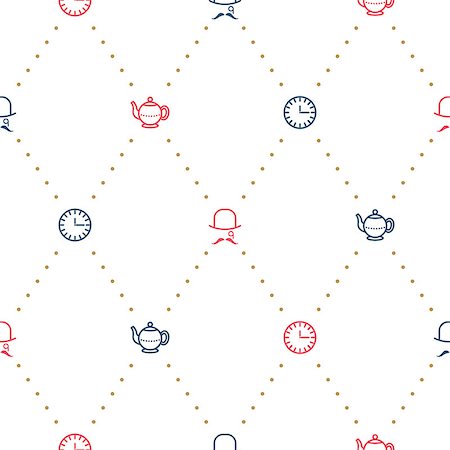 simsearch:400-08788125,k - English tea party elegant red and blueon white line vector pattern. Dashed lines, teapot, clock and gentleman seamless background. Stock Photo - Budget Royalty-Free & Subscription, Code: 400-09049158