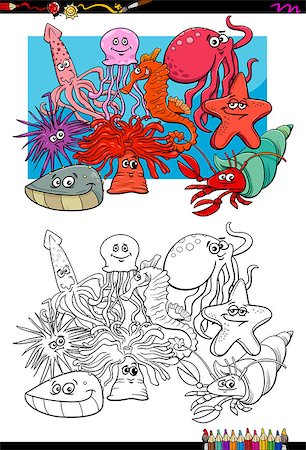 seastar colouring pictures - Cartoon Illustration of Sea Life Animal Characters Group Coloring Book Activity Stock Photo - Budget Royalty-Free & Subscription, Code: 400-09049259