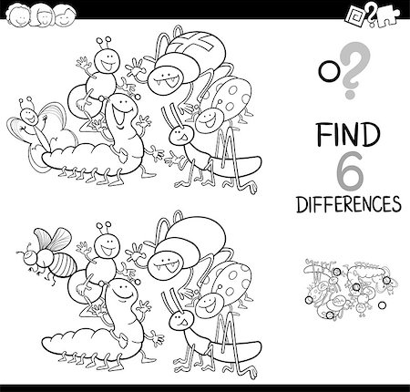 simsearch:400-09091850,k - Black and White Cartoon Illustration of Spot the Differences Educational Activity Game for Children with Insects Animal Characters Group Coloring Book Stock Photo - Budget Royalty-Free & Subscription, Code: 400-09049264