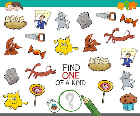 Cartoon Illustration of Find One of a Kind Educational Activity for Children with Funny Pictures Stock Photo - Budget Royalty-Free & Subscription, Code: 400-09049284