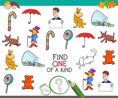 Cartoon Illustration of Find One of a Kind Educational Activity Game for Children with Funny Pictures Foto de stock - Super Valor sin royalties y Suscripción, Código: 400-09049286