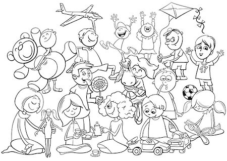 simsearch:400-09049816,k - Black and White Cartoon Illustration of Children Characters Group Playing with Toys Coloring Book Stock Photo - Budget Royalty-Free & Subscription, Code: 400-09049297