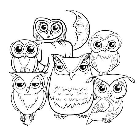 simsearch:400-09049299,k - Black and White Cartoon Illustration of Owl Birds Animal Characters Group Coloring Book Stock Photo - Budget Royalty-Free & Subscription, Code: 400-09049299