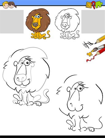 simsearch:400-09051285,k - Cartoon Illustration of Drawing and Coloring Educational Activity for Children with Lion Animal Character Stock Photo - Budget Royalty-Free & Subscription, Code: 400-09049293