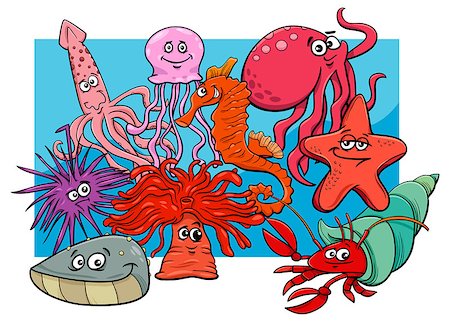 Cartoon Illustrations of Sea Life Animal Characters Group Stock Photo - Budget Royalty-Free & Subscription, Code: 400-09049302