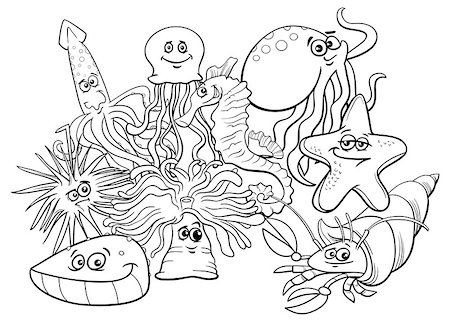 seastar colouring pictures - Black and White Cartoon Illustrations of Sea Life Animal Characters Group Coloring Book Stock Photo - Budget Royalty-Free & Subscription, Code: 400-09049303