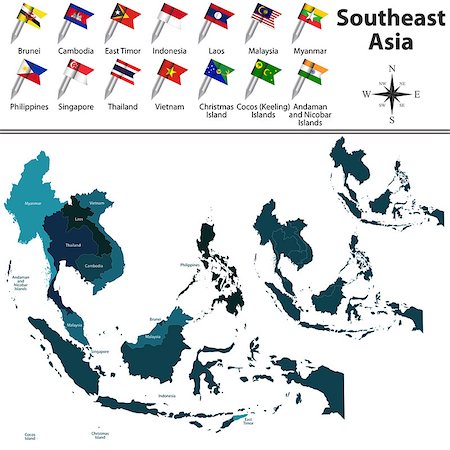 simsearch:872-08689472,k - Vector of political map of Southeast Asia set with flags on white background Stock Photo - Budget Royalty-Free & Subscription, Code: 400-09049338