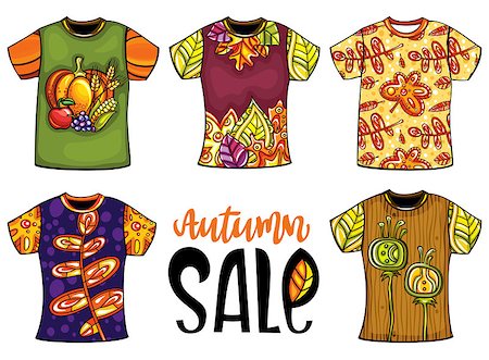 Set of vector colorful templates t-shirts for men and woman with autumn design. Fall leaves, maple and chestnut, birds, animals.  For print shops, fashion seasonal sales, shopping mall installations Stock Photo - Budget Royalty-Free & Subscription, Code: 400-09049378