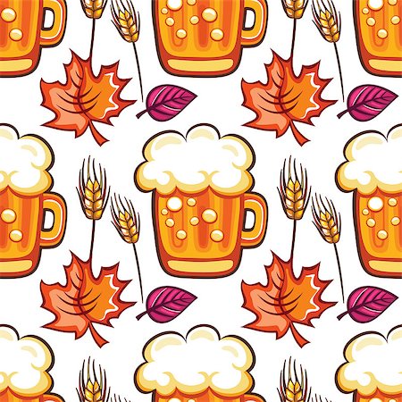 simsearch:841-03063177,k - Oktoberfest seamless pattern. Colorful mugs, draft beer with foam, autumn leaves and wheat grains, isolated on white background. Vector design elements for festival, party, bar offer, restaurant menu Photographie de stock - Aubaine LD & Abonnement, Code: 400-09049379