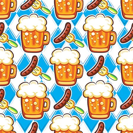 simsearch:400-07728694,k - Oktoberfest seamless pattern. Colorful mugs of draft beer with foam, hot German sausages on forks, bavarian flag on background. Vector design elements for festival, party, bar offers, restaurant menu Stock Photo - Budget Royalty-Free & Subscription, Code: 400-09049384