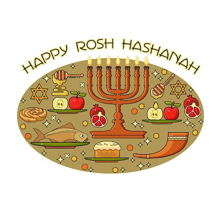 simsearch:400-09080023,k - Happy Rosh Hashanah card. Jewish holiday Rosh Hashanah design elements. Menorah, apple, honey, fish, shofar,  pomegranate and Jewish star. Vector illustration. Foto de stock - Royalty-Free Super Valor e Assinatura, Número: 400-09049389