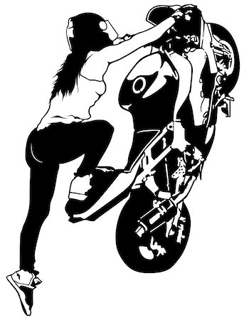 draw bike with people - Motorbike Girl On The Rear Wheel - Black and White Illustration, Vector Stock Photo - Budget Royalty-Free & Subscription, Code: 400-09049495