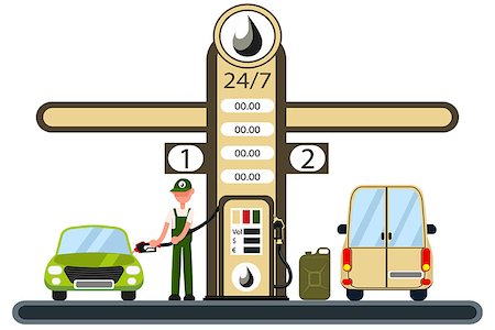 fuel station - Worker is filling the car at the gas station. Flat vector illustration Photographie de stock - Aubaine LD & Abonnement, Code: 400-09049551