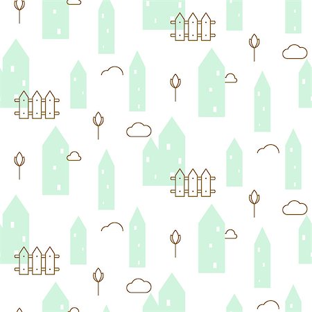 scandinavian blue house - Pastel mint houses baby fabric seamless vector pattern. Scandinavian style cute buildings with line gold details for kid apparel, bed linen and clothing. Stock Photo - Budget Royalty-Free & Subscription, Code: 400-09049656