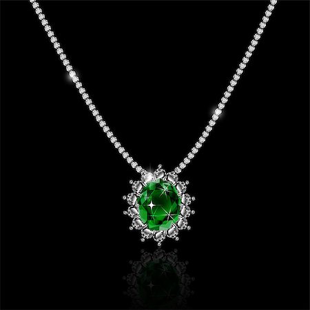 solitaire - White gold necklace with emerald and diamonds vector Stock Photo - Budget Royalty-Free & Subscription, Code: 400-09049694
