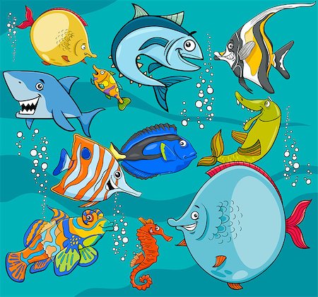 simsearch:400-08916743,k - Cartoon Illustrations of Funny Fish Sea Life Animal Characters Group Stock Photo - Budget Royalty-Free & Subscription, Code: 400-09049830