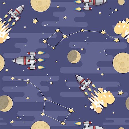 simsearch:400-07553899,k - Cute Cartoon  Space rocket, star, planet and moon on blue background. Vector celestial seamless pattern. Photographie de stock - Aubaine LD & Abonnement, Code: 400-09049894