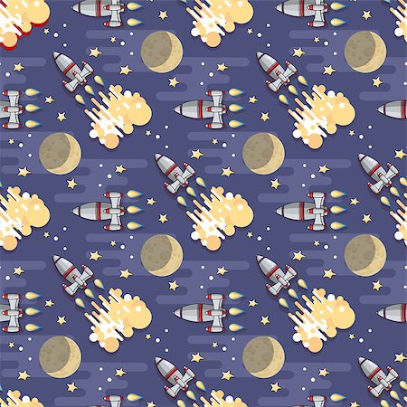 simsearch:400-07553899,k - Cute Cartoon  Space rocket, star, planet and moon on blue background. Vector celestial seamless pattern. Foto de stock - Super Valor sin royalties y Suscripción, Código: 400-09049895