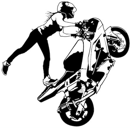 draw bike with people - Motorbike Girl On The Rear Wheel - Black and White Illustration, Vector Stock Photo - Budget Royalty-Free & Subscription, Code: 400-09050010