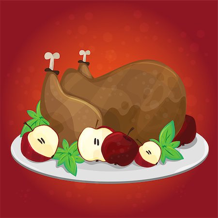 retro turkey dinner - Thanksgiving day. Greeting card with turkey, apples - Vector cartoon poster Stock Photo - Budget Royalty-Free & Subscription, Code: 400-09050049