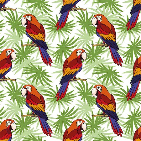 simsearch:400-03936936,k - Seamless Pattern, Tropical Landscape, Colorful Parrots on Green Leaves Exotic Plants, Tile Background. Vector Fotografie stock - Microstock e Abbonamento, Codice: 400-09050067