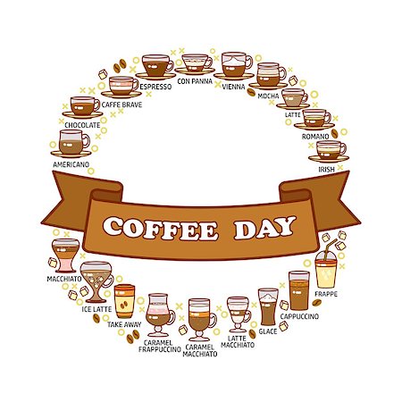 simsearch:400-07425012,k - Coffee day card. Set of cute various beverage icons. Decoration for coffee shop, coffee house, bar and restaurant. Foto de stock - Super Valor sin royalties y Suscripción, Código: 400-09050060