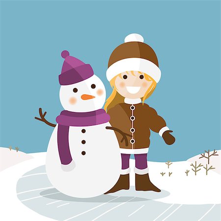Happy girl with her snowman on a sunny winter day. Vector ilustration Stock Photo - Budget Royalty-Free & Subscription, Code: 400-09050169