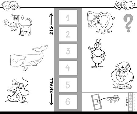 Black and White Cartoon Illustration of Educational Game of Finding the Biggest and the Smallest Animal Coloring Book Stock Photo - Budget Royalty-Free & Subscription, Code: 400-09050276