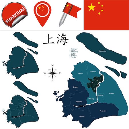 Vector map of Shanghai with named districts and travel icons. There are chinese characters in a set - it means Shanghai Stock Photo - Budget Royalty-Free & Subscription, Code: 400-09050369