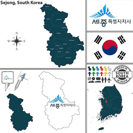 simsearch:400-08980997,k - Vector map of Sejong - Special Self Governing City with flags and location on South Korean map Stock Photo - Budget Royalty-Free & Subscription, Code: 400-09050362
